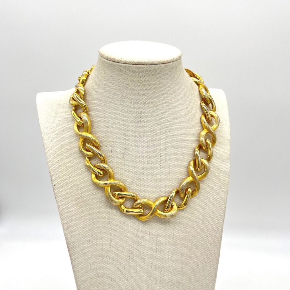Vintage Gold Silver Tone Chunky Infinity Link Statement Necklace Textured Smooth